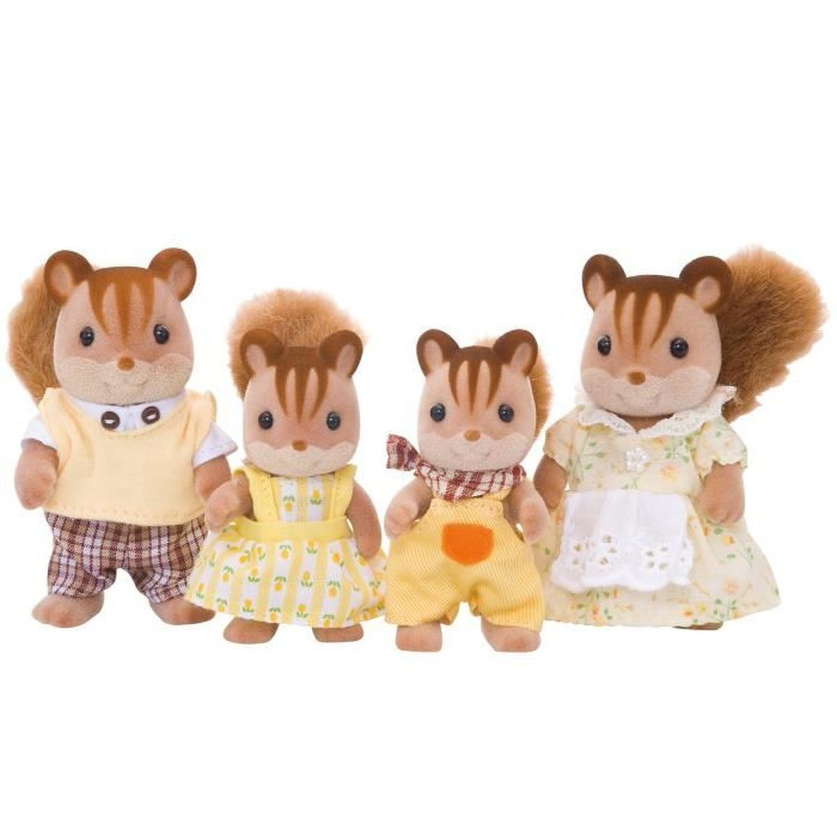 Cuatro figuras de ardillas con diferentes atuendos: chaleco amarillo, vestido, peto y vestido floral con delantal. Todas tienen pelaje marrón y colas tupidas.