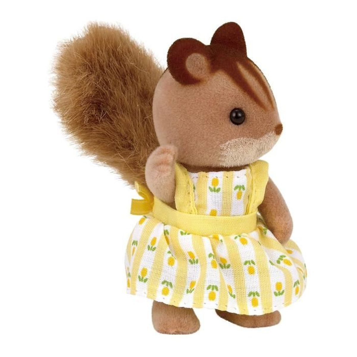 Una figura de ardilla con un vestido amarillo con estampado floral. La ardilla tiene pelaje marrón, orejas y una cola esponjosa.