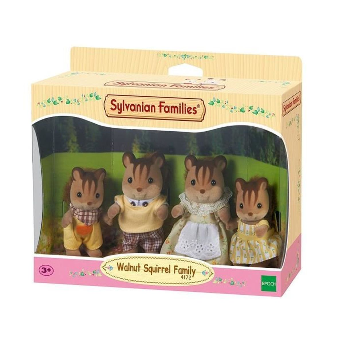 Un set de caja de Sylvanian Families. Incluye cuatro figuras de ardillas vestidas. La caja es de color amarillo claro con fondo verde.