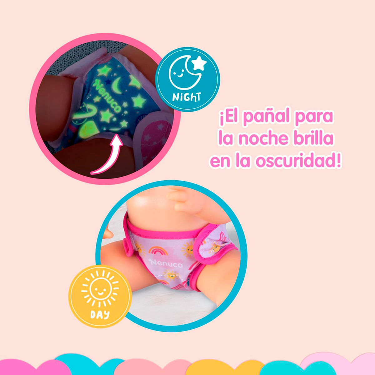 Se muestra una muñeca con un pañal brillante. El pañal tiene una función de día y de noche.
