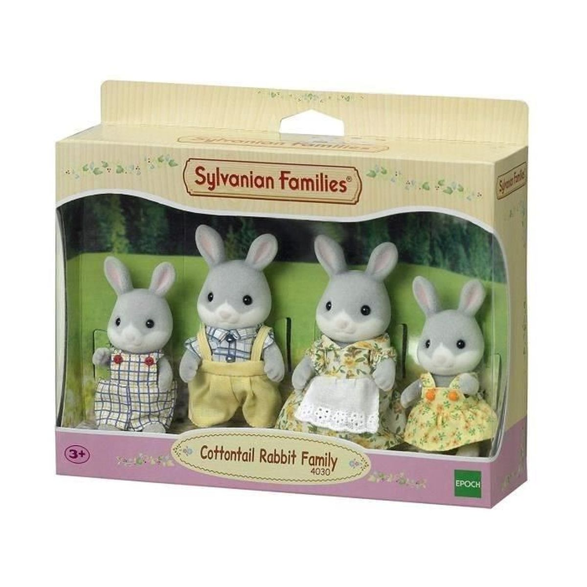 Un set de caja de Sylvanian Families con cuatro figuras de conejos grises que visten ropa. La caja tiene escrito 'Cottontail Rabbit Family'.
