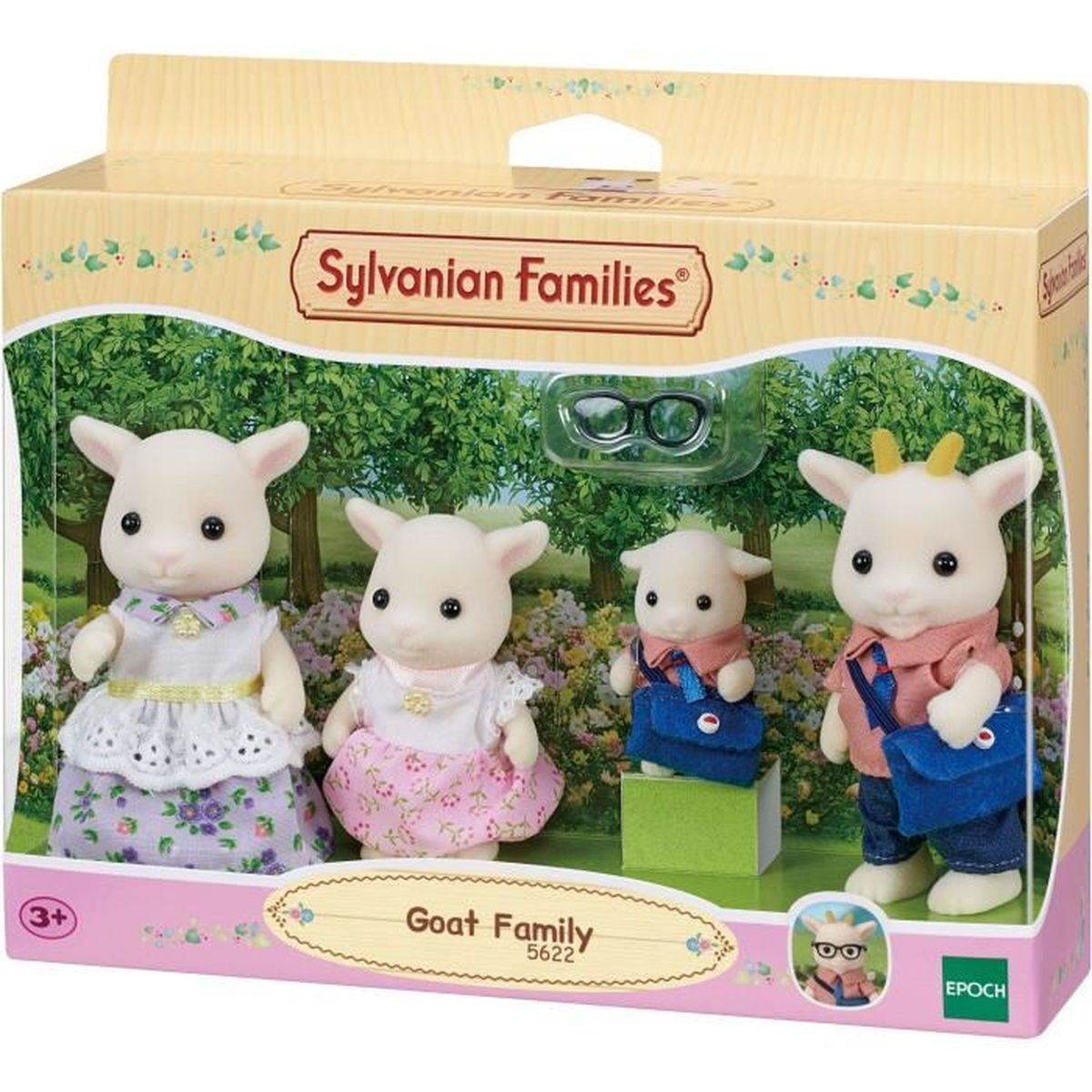 Juego de juguetes de la familia cabra. Incluye cuatro figuritas de cabra, vestidas con ropa colorida, en una caja de marca.