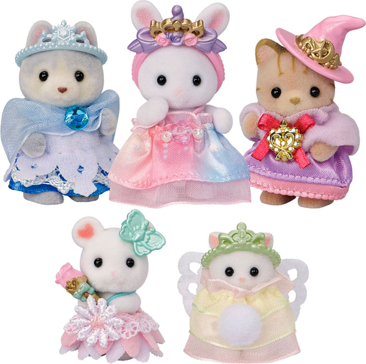 Cinco figuras de animales vestidos con trajes de princesa y hada. Incluye un gato, un conejo, un ratón y dos figuras más parecidas a gatos/perros.