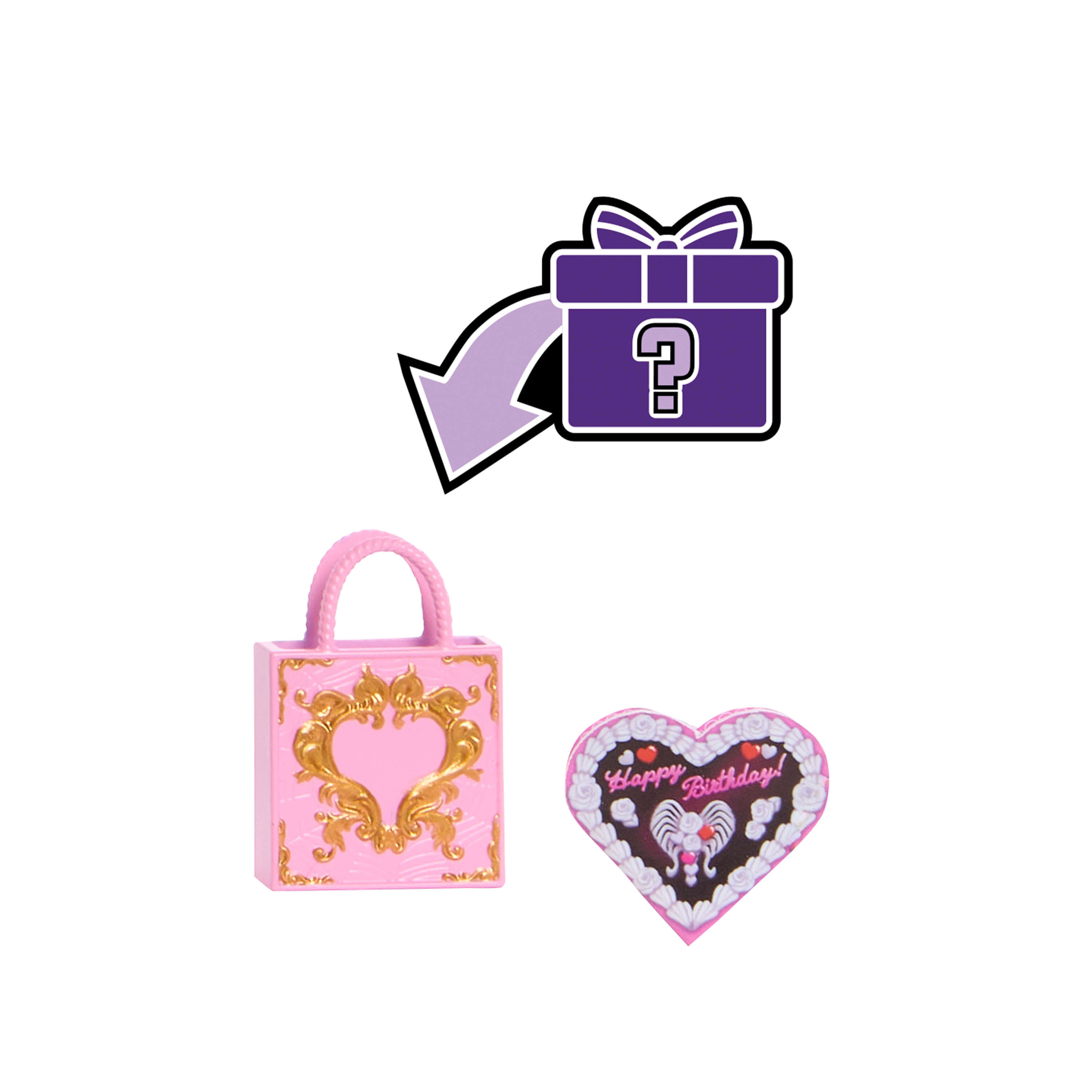La imagen presenta una caja de regalo, un bolso rosa y un pastel en forma de corazón con '¡Feliz Cumpleaños!' escrito.