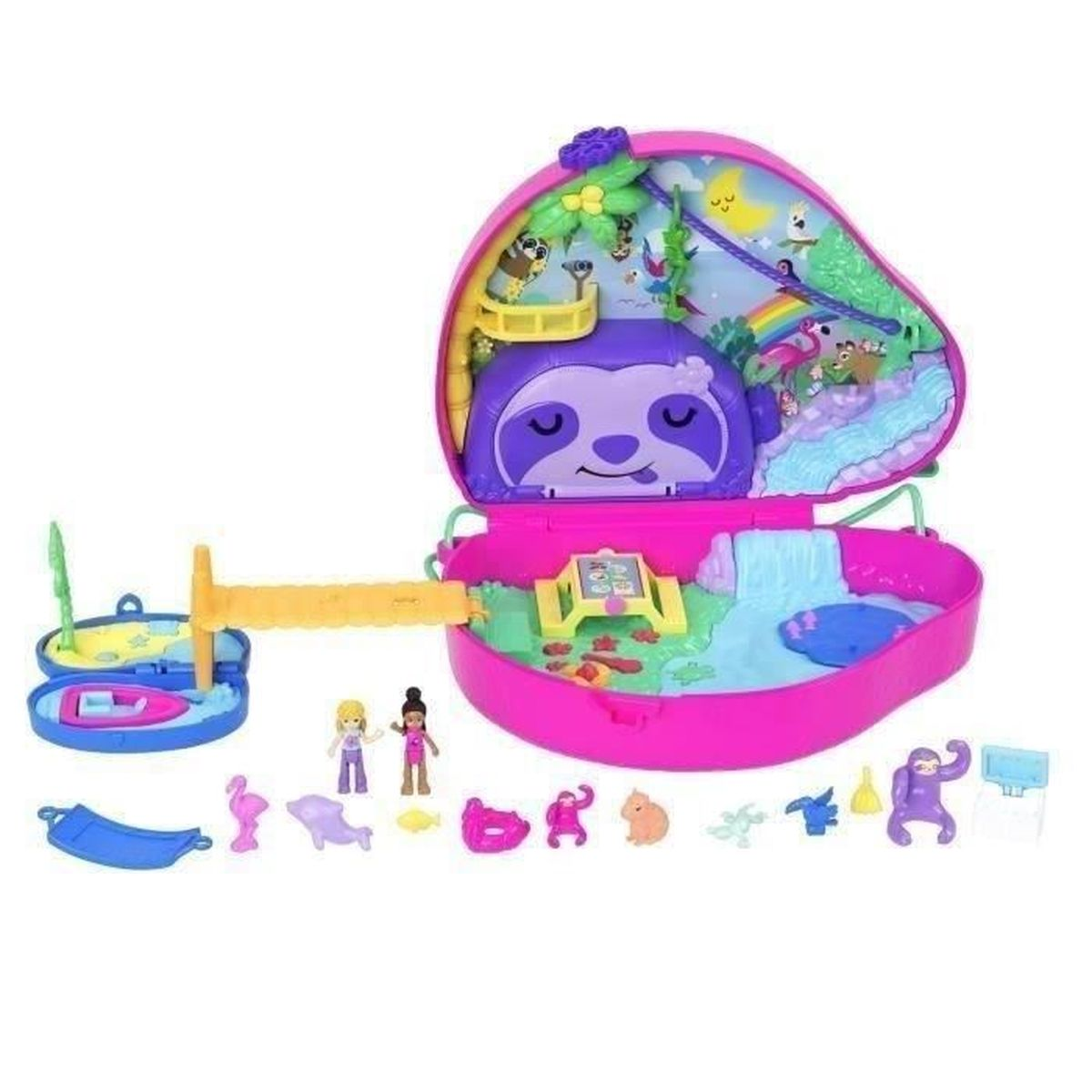 Un juego de Polly Pocket rosa abierto, presenta una cara de perezoso morado, mini figuras y varias figuras de animales. Se incluye un bote y un tobogán.