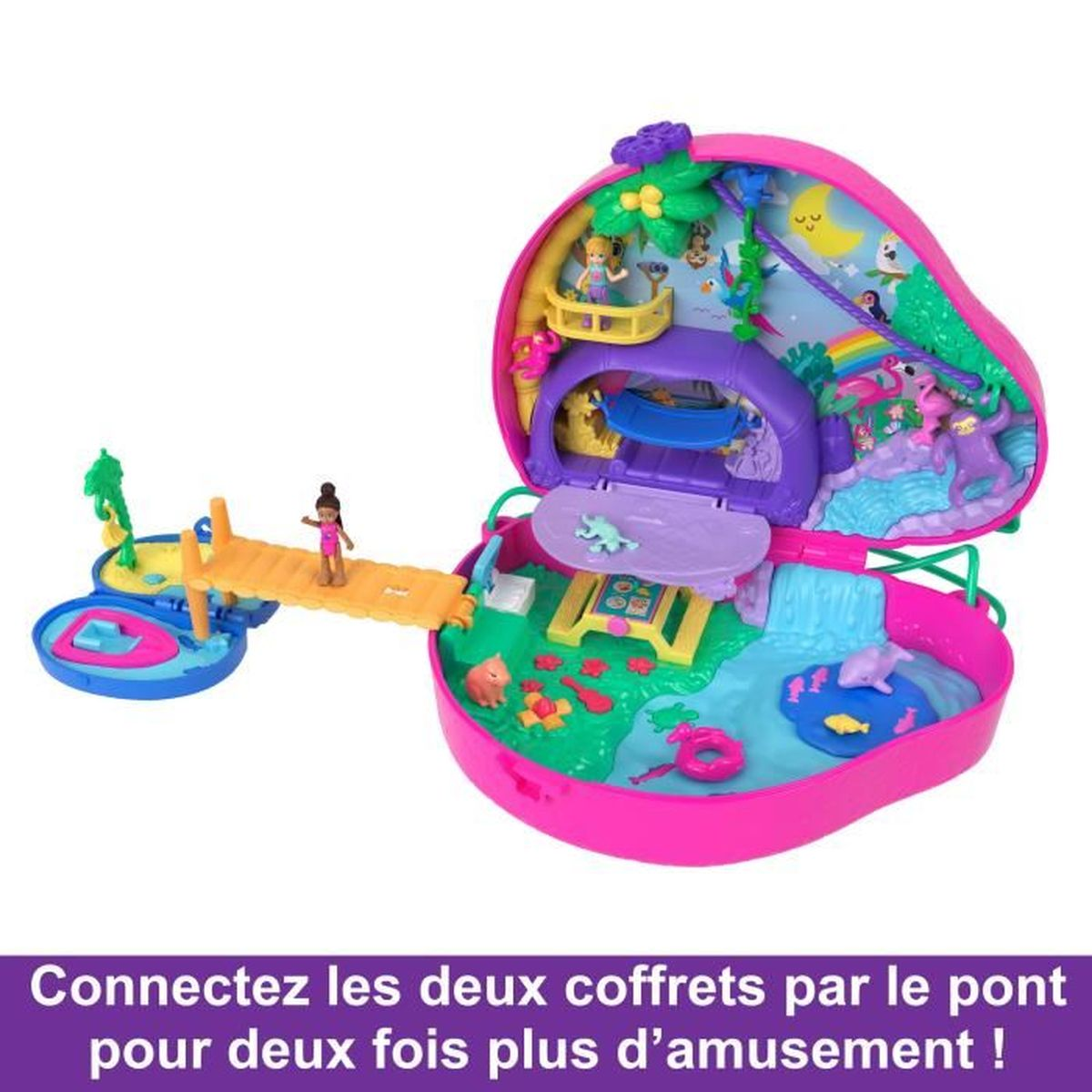Un juego rosa con puente, figuras y elementos acuáticos. Incluye un puente, figuras y un fondo rosa, morado y verde.