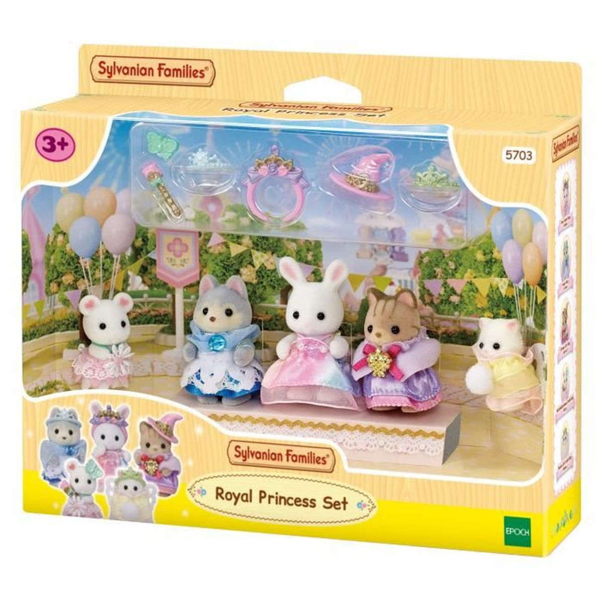 Un set de Princesas Reales de Sylvanian Families. Incluye figuras de animales de juguete con trajes de princesa, accesorios y una caja con escena de jardín.