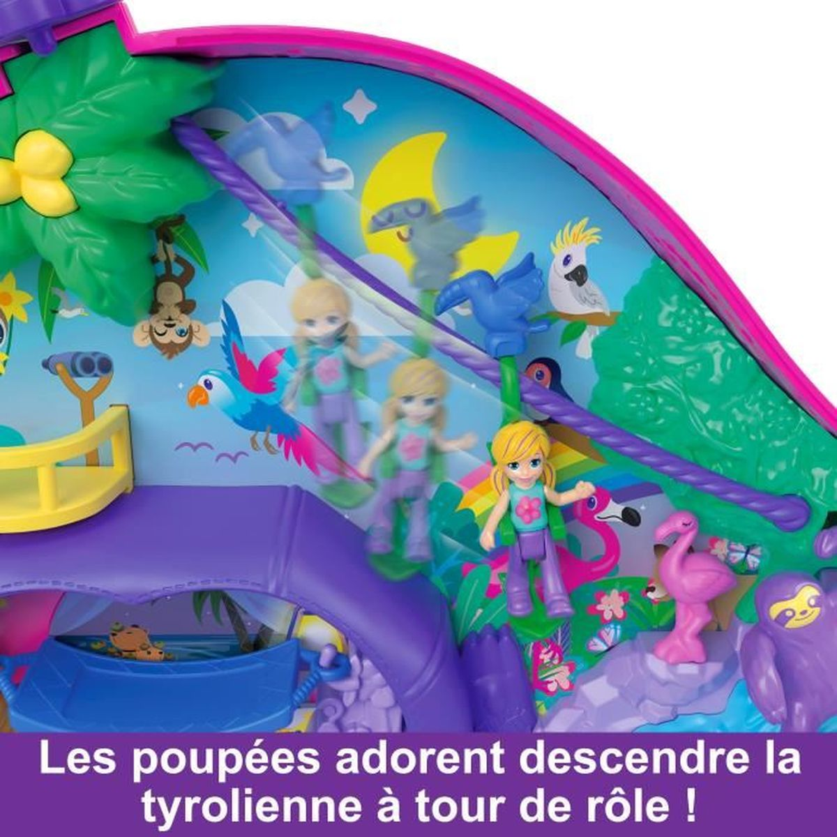 Un juego de juguetes presenta muñecas en una tirolesa, con un fondo de elementos de la jungla, luna, estrellas y varias figuras de animales.