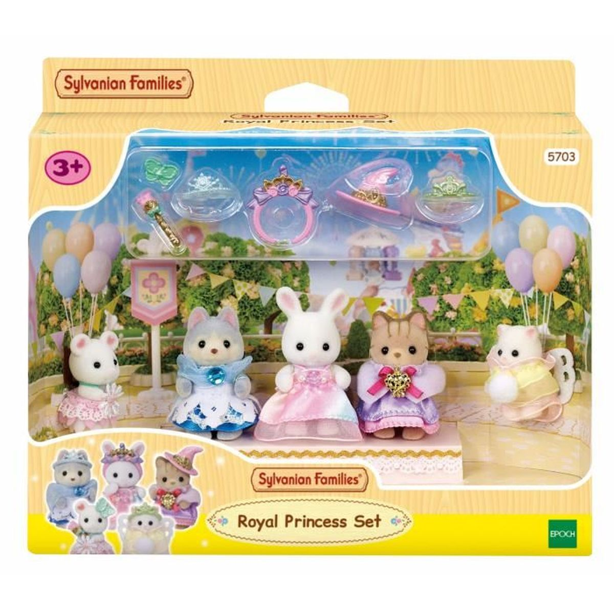 Un set Sylvanian Families Royal Princess. Presenta figuras de animales con trajes de princesa, accesorios como tiaras y globos.