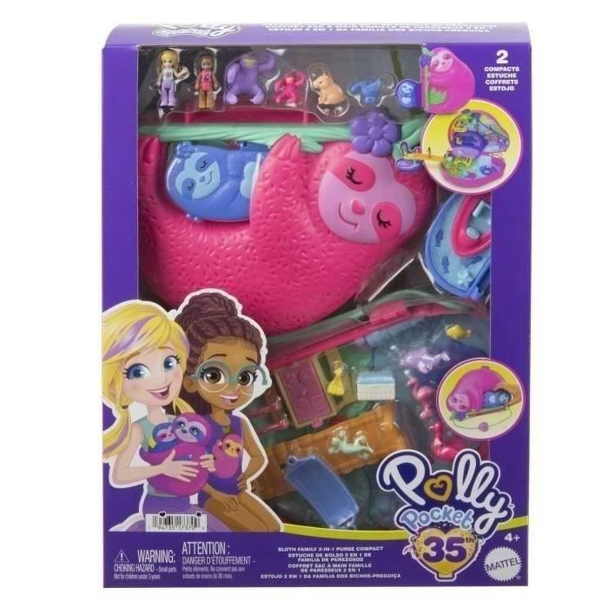Set de Polly Pocket con diseño de perezoso rosa. Incluye pequeñas figuras y un bolso compacto. La caja muestra a dos chicas con un perezoso.