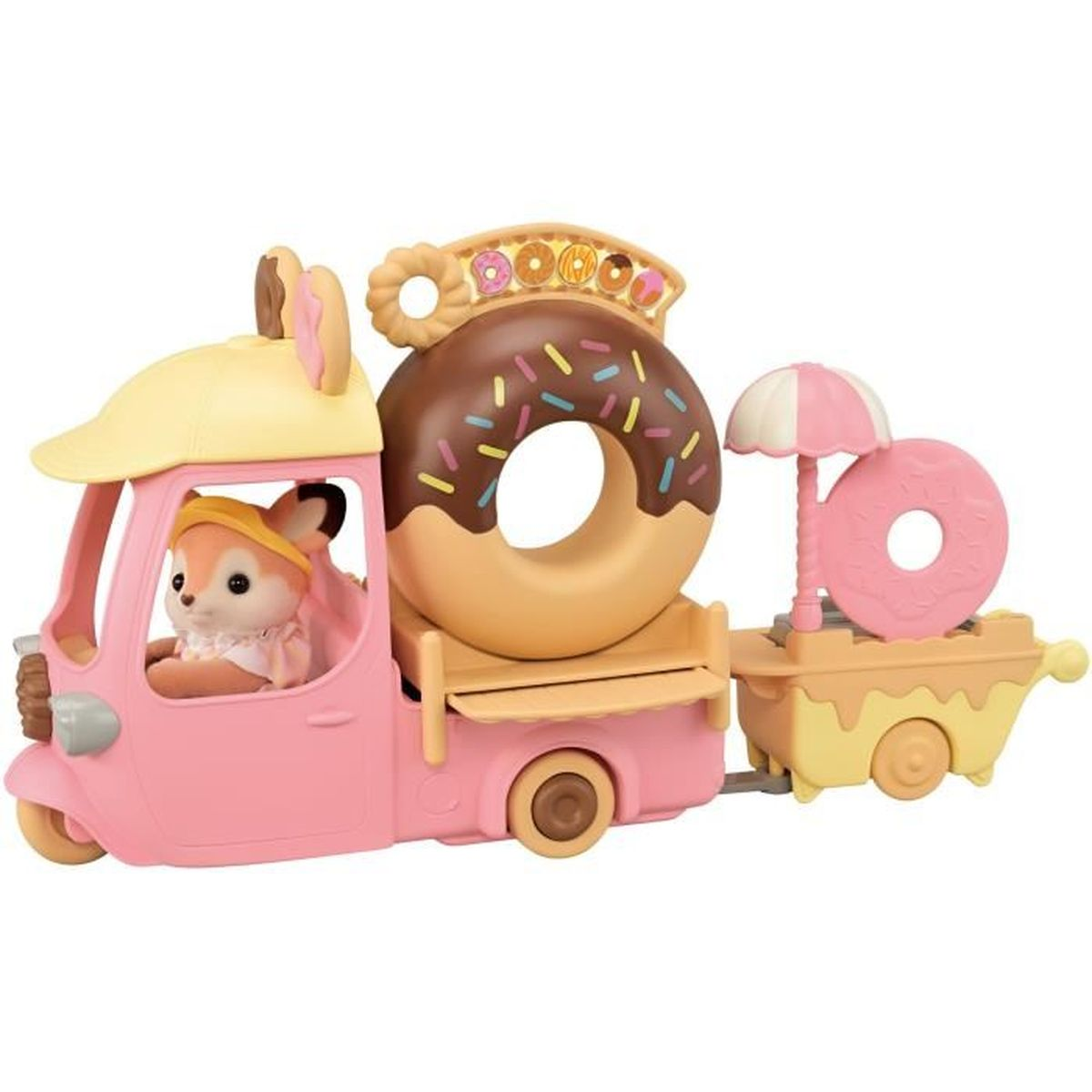 Un camión de comida de juguete rosa con un zorro conductor. Tiene una rosquilla grande, un carrito de rosquillas más pequeño y un letrero de rosquillas.