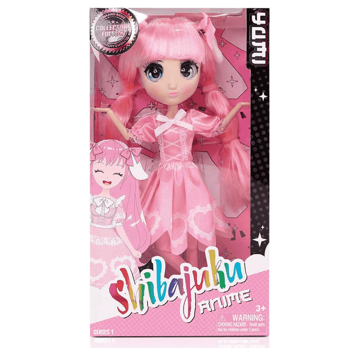 Una muñeca rosa en una caja. Tiene pelo rosa y un vestido rosa. La caja tiene las palabras 'Shibajuku Anime'.