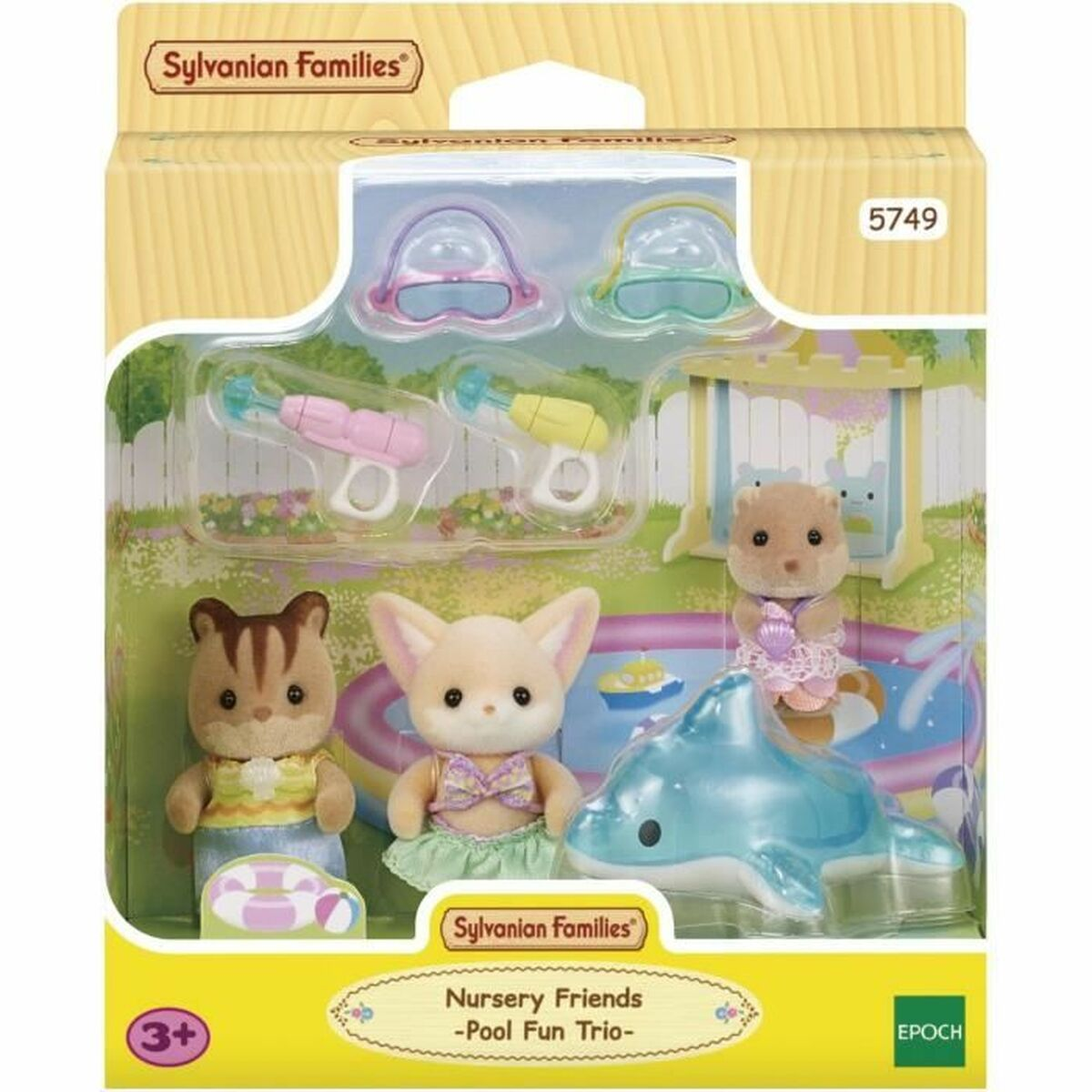Set Sylvanian Families Nursery Friends. Contiene figuras de animales, piscina y accesorios. Empaquetado en una caja amarilla y verde.