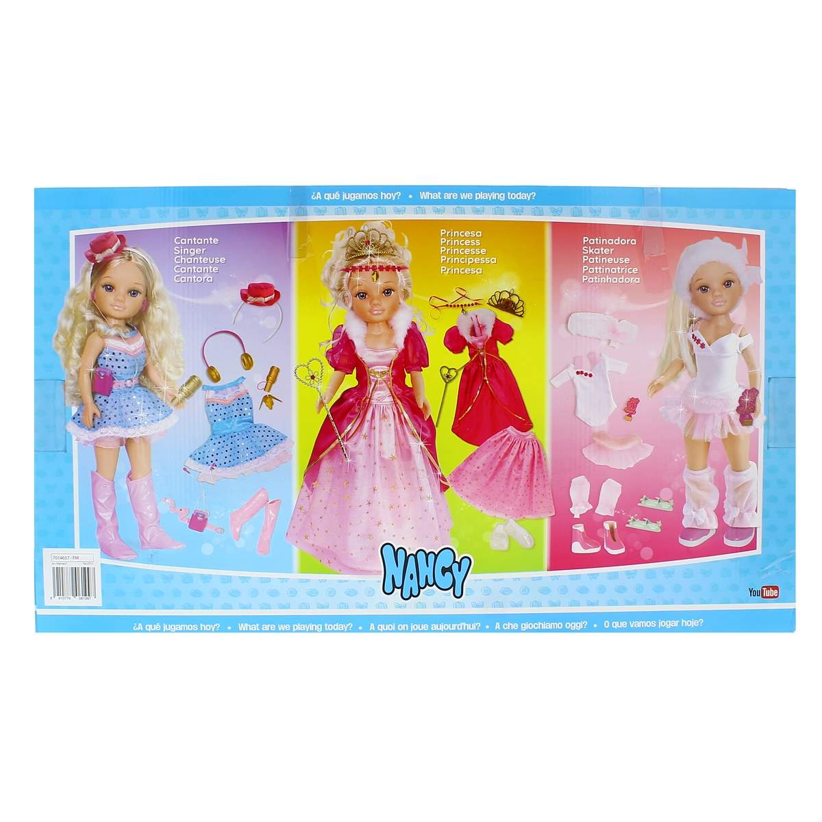 Arte de caja con tres muñecas: cantante, princesa y patinadora, cada una con accesorios. La palabra 'NANCY' es visible.