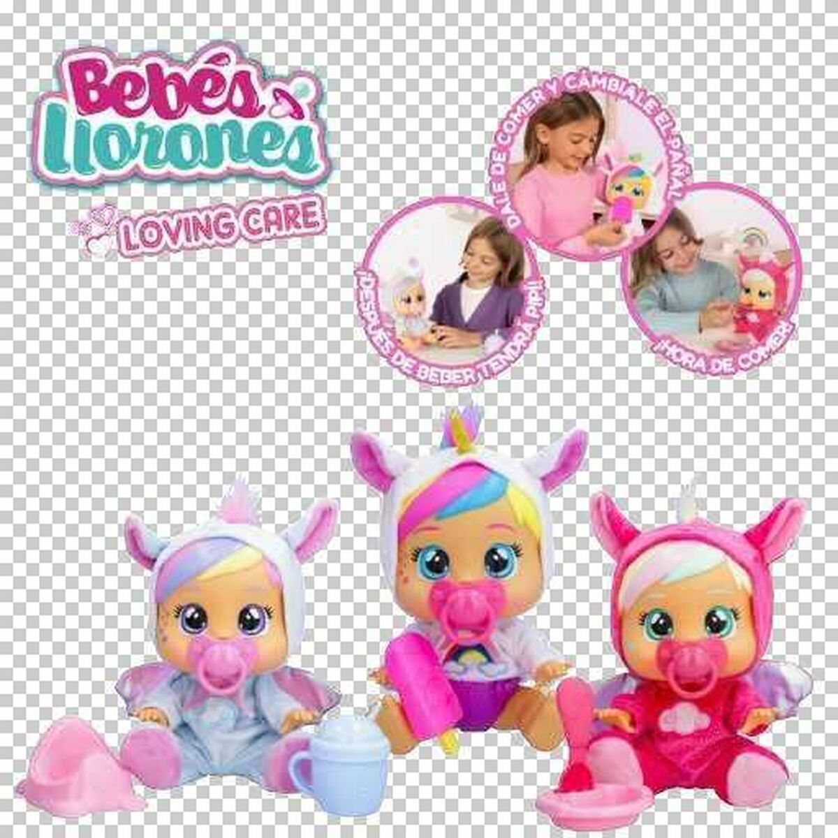 Tres muñecas con gorros de animales y chupetes. También hay accesorios e imágenes de niños con las muñecas.