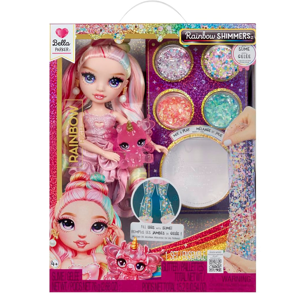 Zestaw lalek Rainbow Shimmers. Zawiera lalkę, slime i brokat w pudełku ze szczegółami produktu.