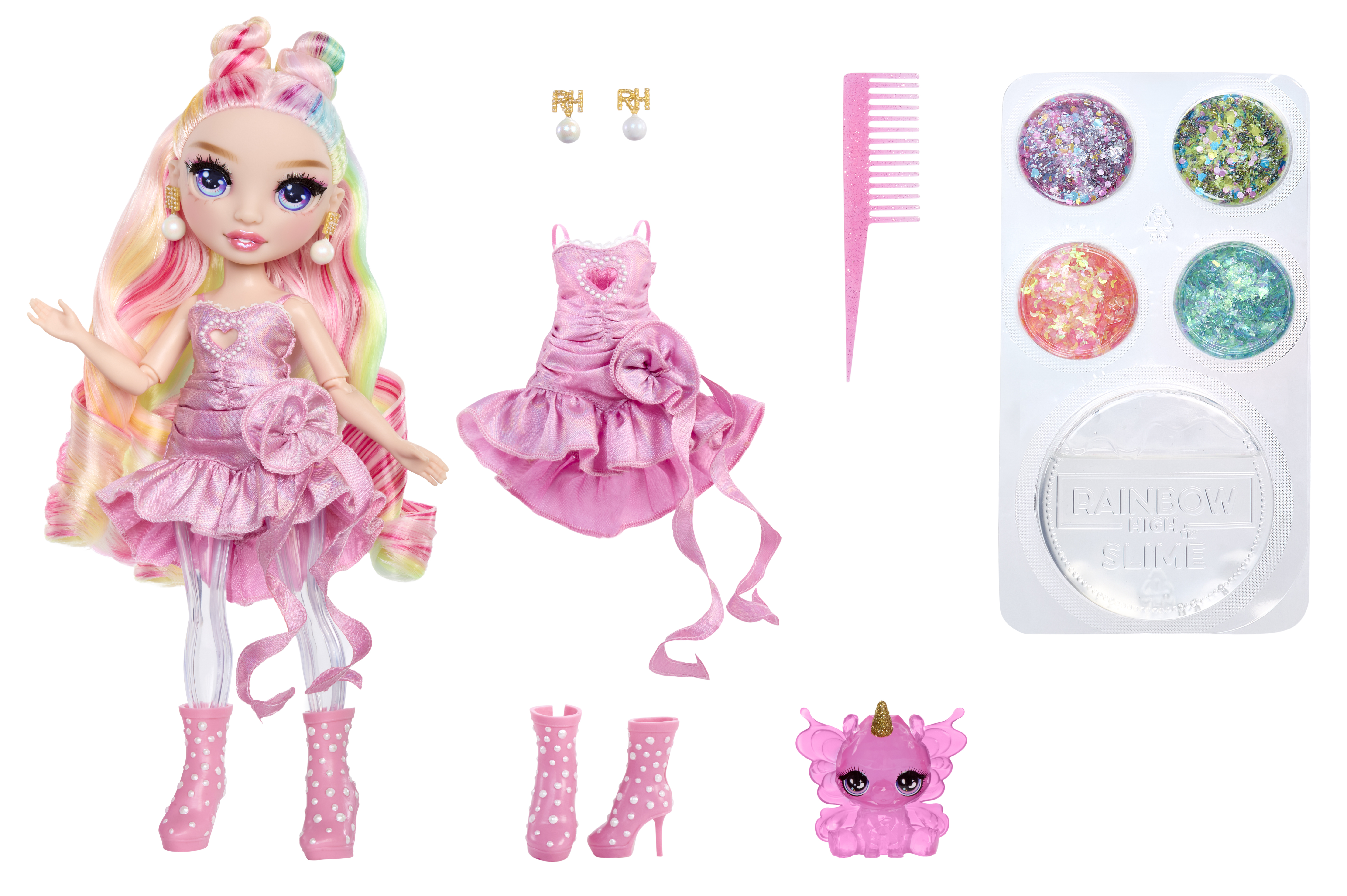 Lalka z tęczowymi włosami i różową sukienką, różowa sukienka, kolczyki, buty, grzebień, jednorożec i slime.