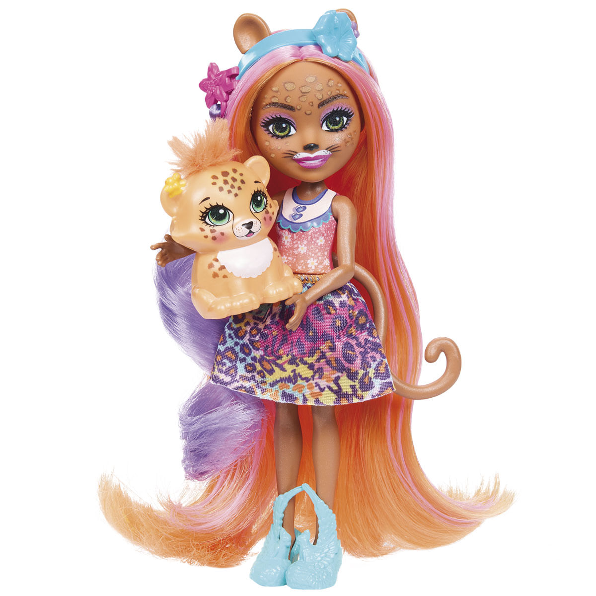 Lalka z pomarańczowymi i różowymi włosami, trzymająca zabawkę lamparta. Lalka ma spódnicę w panterkę i niebieskie buty.