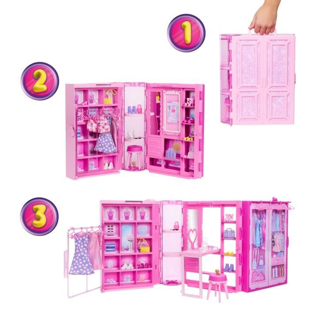 Set de armario rosa de muñeca Barbie con vestidos, accesorios y una mesita con taburete. Círculos numerados.