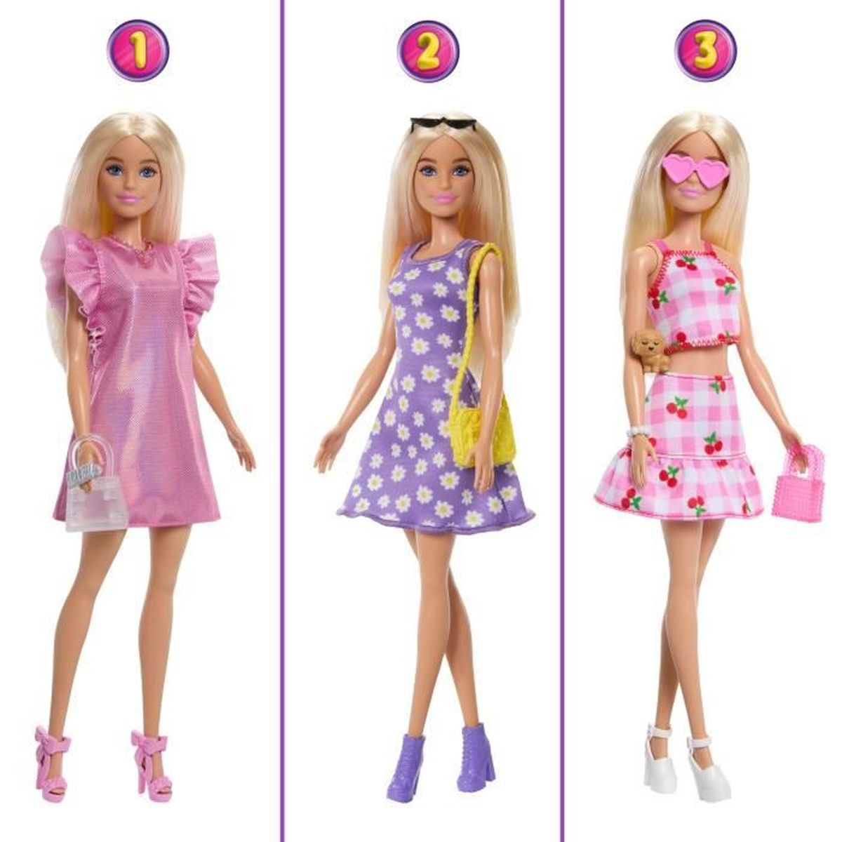Tres muñecas Barbie. La primera viste vestido rosa, con bolso. La segunda, vestido floral morado, bolso amarillo. Tercera, conjunto de cerezas, gafas rosas.