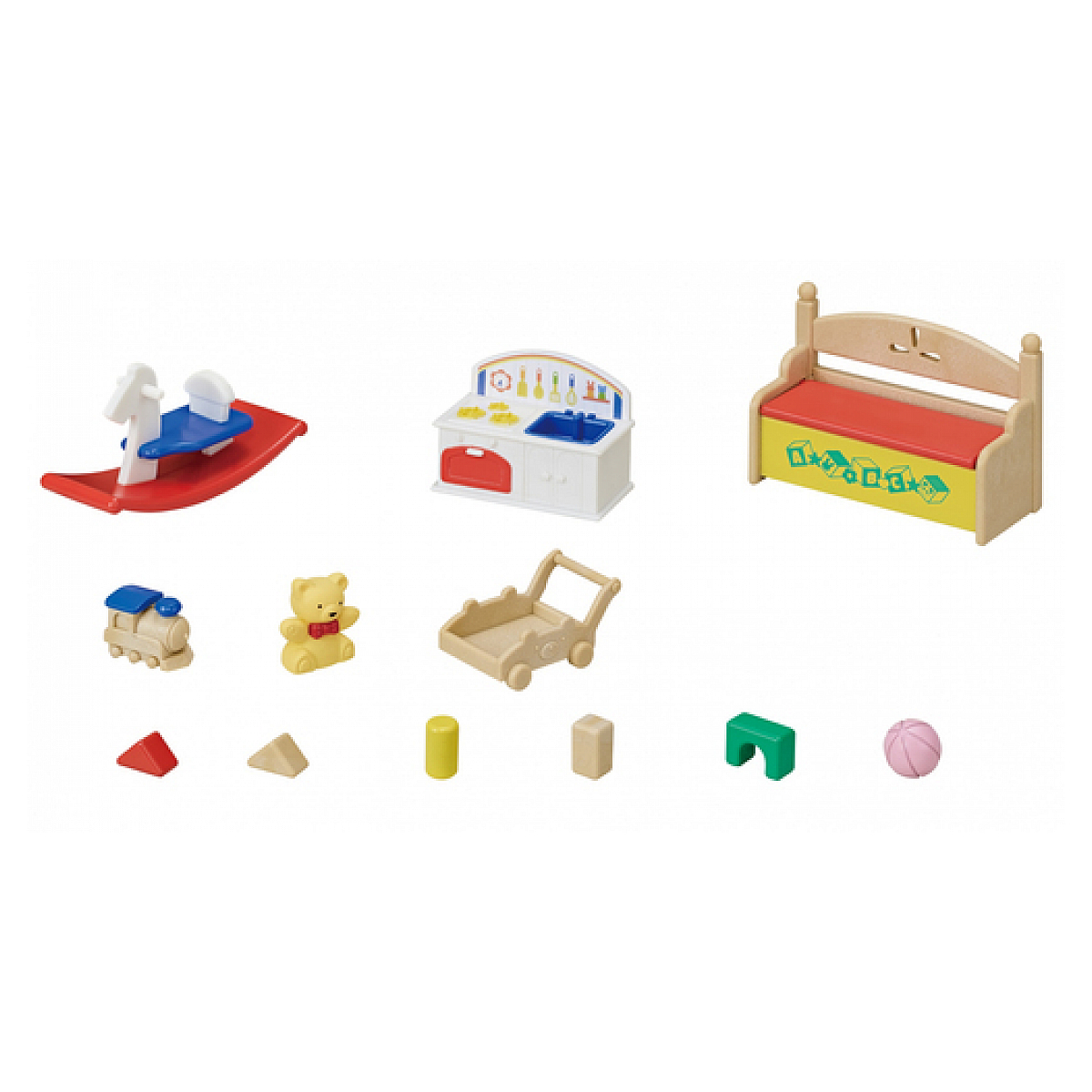 Juego de juguetes con caballito balancín, cocina, banco, tren, osito de peluche, carrito y formas geométricas, sobre fondo blanco.