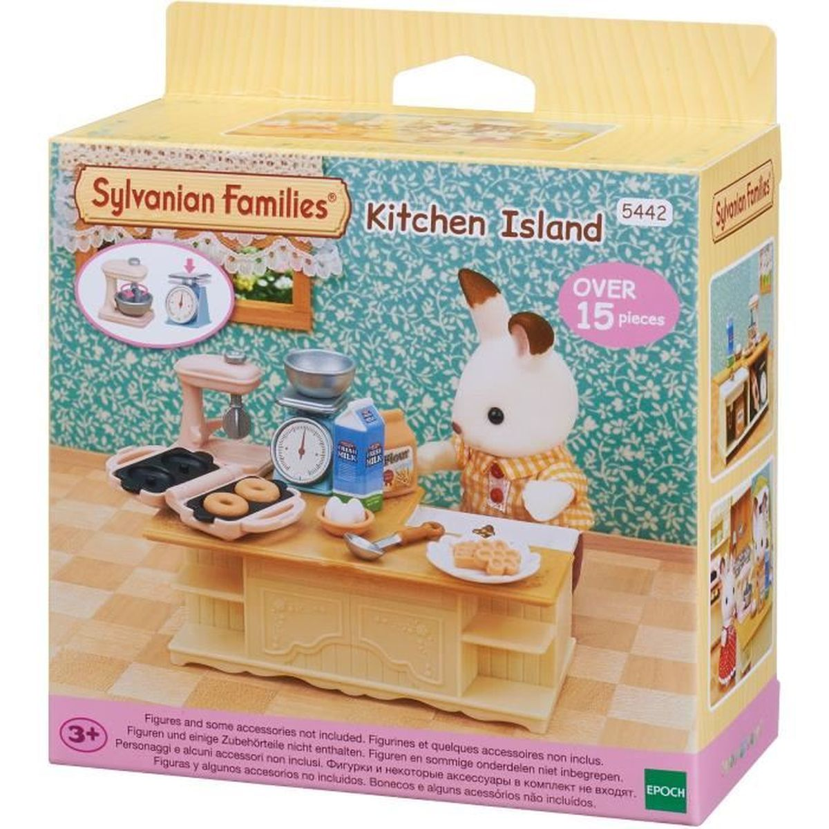 Una caja de Sylvanian Families Kitchen Island muestra una figura de conejo, un juego de cocina y accesorios. La caja es amarilla con un fondo floral azul.