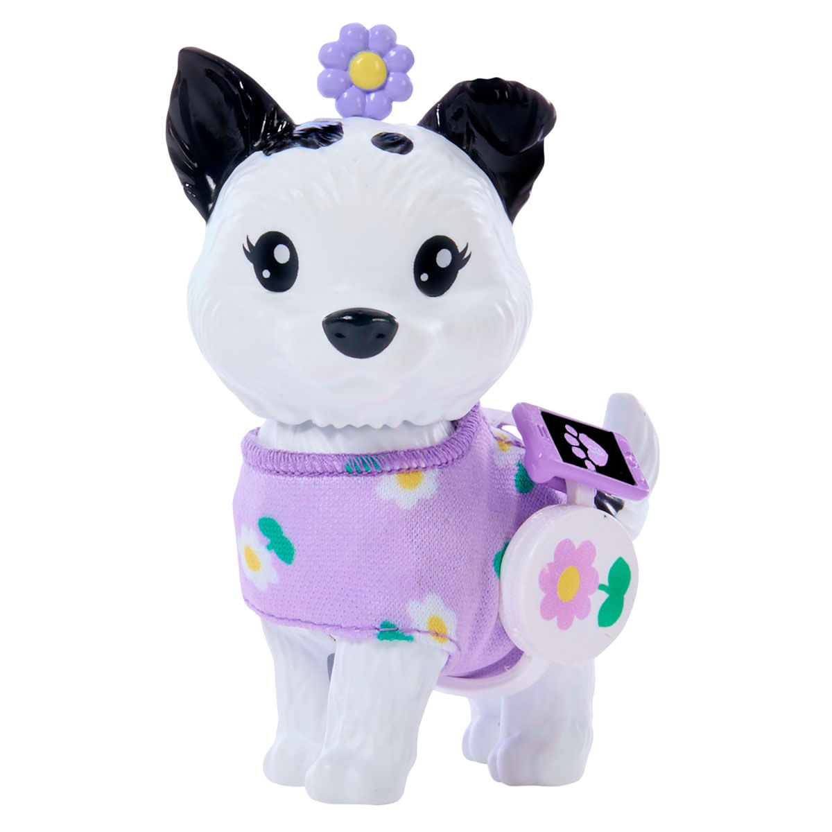 Perro de juguete con orejas negras, con una camisa morada con flores, una flor en la cabeza y un dispositivo con huella.
