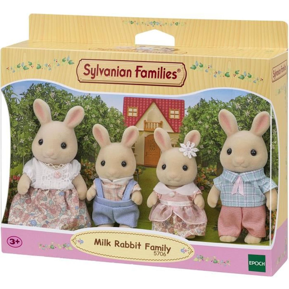Un set de caja de Sylvanian Families. Muestra cuatro figuras de conejos con ropa, frente a una ilustración de una casa. La caja es amarilla clara.