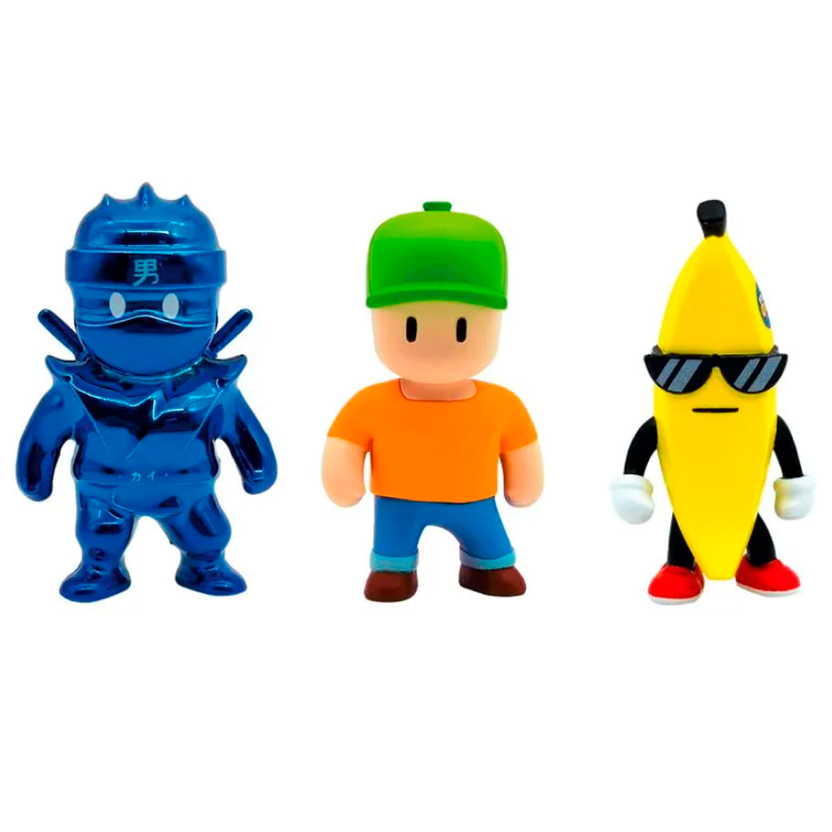 Tres figuras de dibujos animados: un ninja azul, un personaje con camisa naranja y gorra verde, y un plátano con gafas de sol.