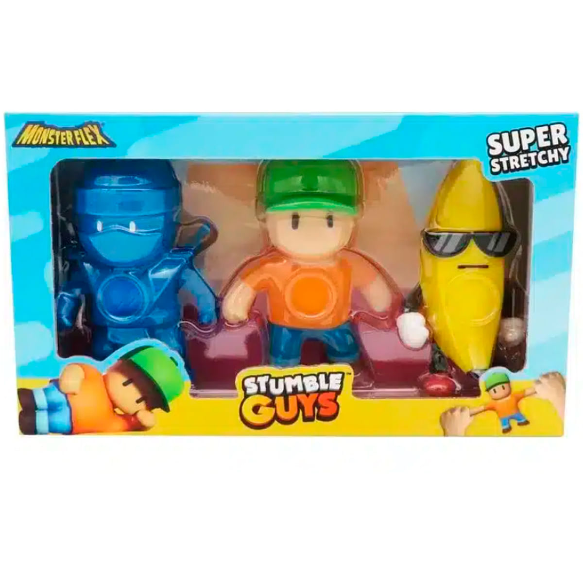 Un juego de juguetes con tres figuras de Stumble Guys: un ninja azul, un personaje con camisa naranja y un plátano con gafas de sol.