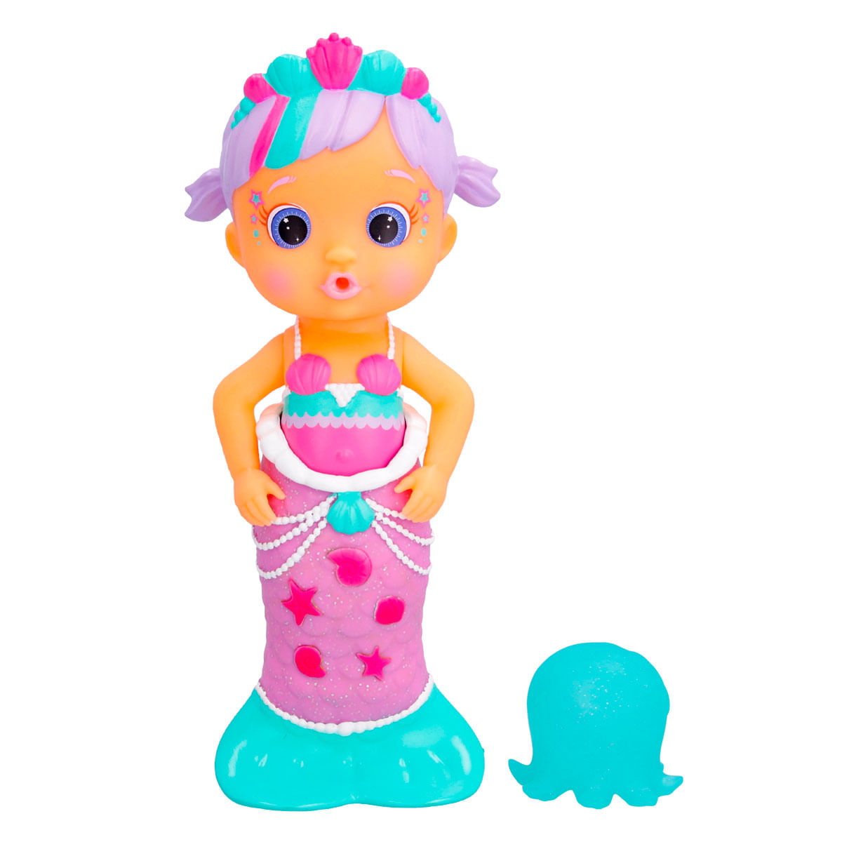 Una muñeca sirena con pelo morado y cola rosa. Tiene una corona turquesa y un juguete separado con forma de pulpo.