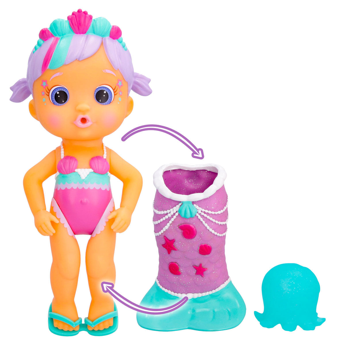Una muñeca sirena con accesorios. La muñeca tiene un traje de baño rosa, una corona y cabello morado. Incluye una cola de sirena y un pulpo azul.