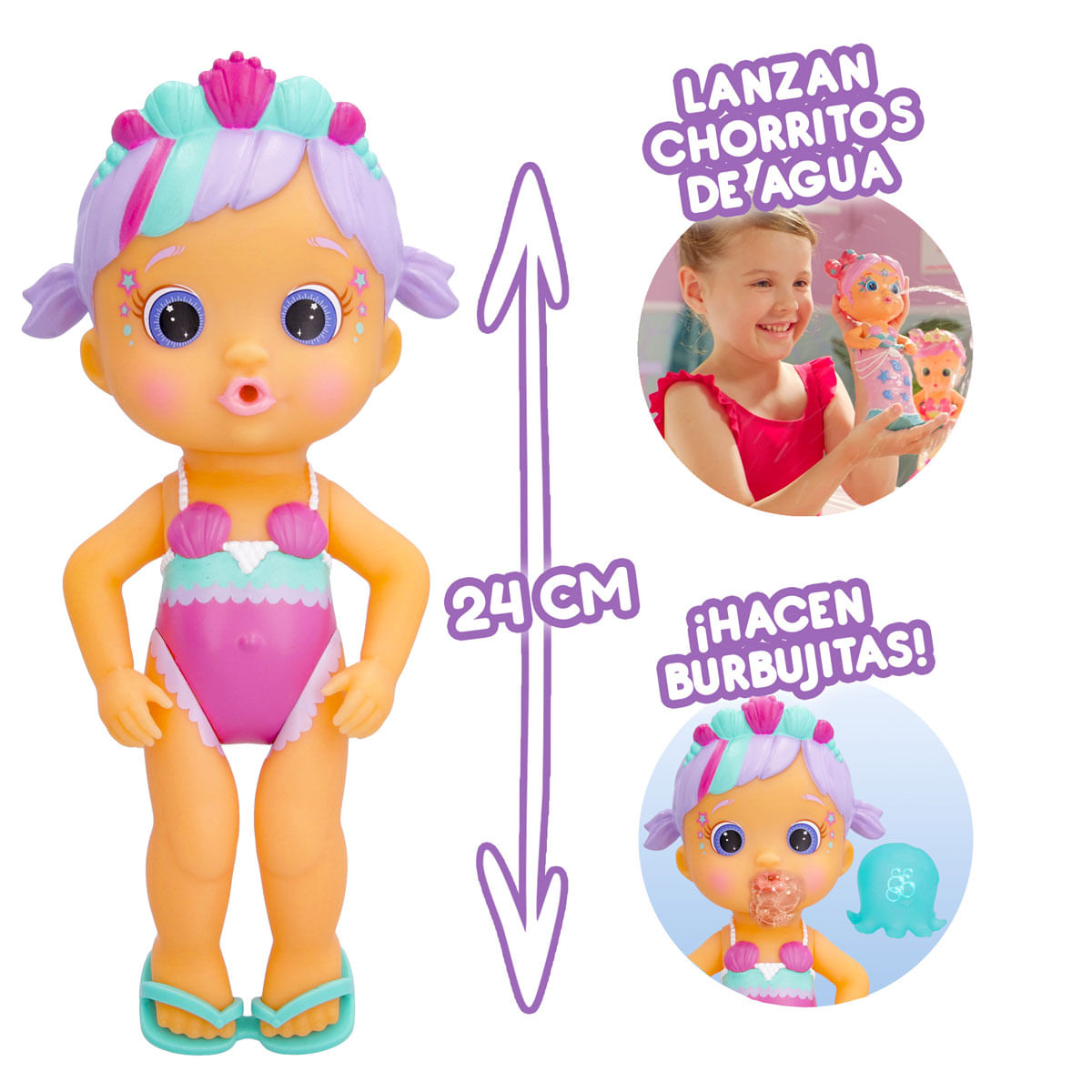 Una muñeca con rasgos de sirena, con un traje de baño rosa. Incluye imágenes de agua rociando y una niña jugando con la muñeca.