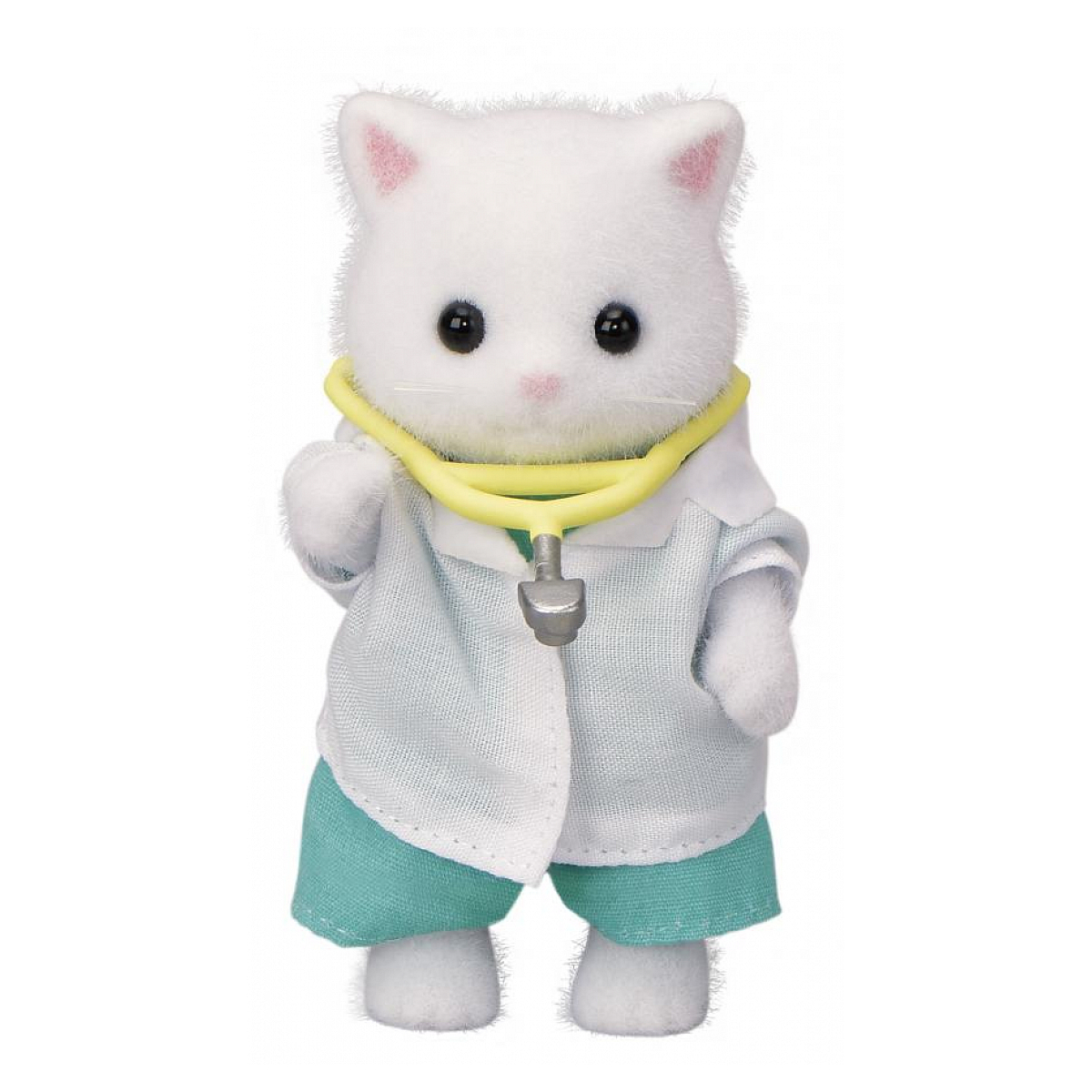 Una figura de gato blanco con uniforme de médico, que incluye bata blanca, pantalones cortos verde azulado y estetoscopio amarillo.