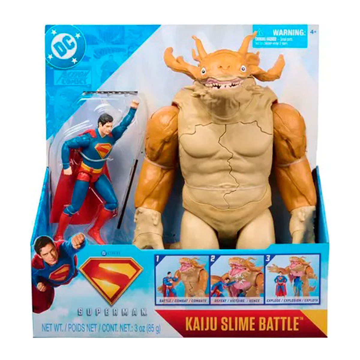Juego de juguetes de Superman: figura de Superman y un gran juguete de monstruo Kaiju de color marrón. El embalaje es azul y blanco con el logotipo de DC Comics.