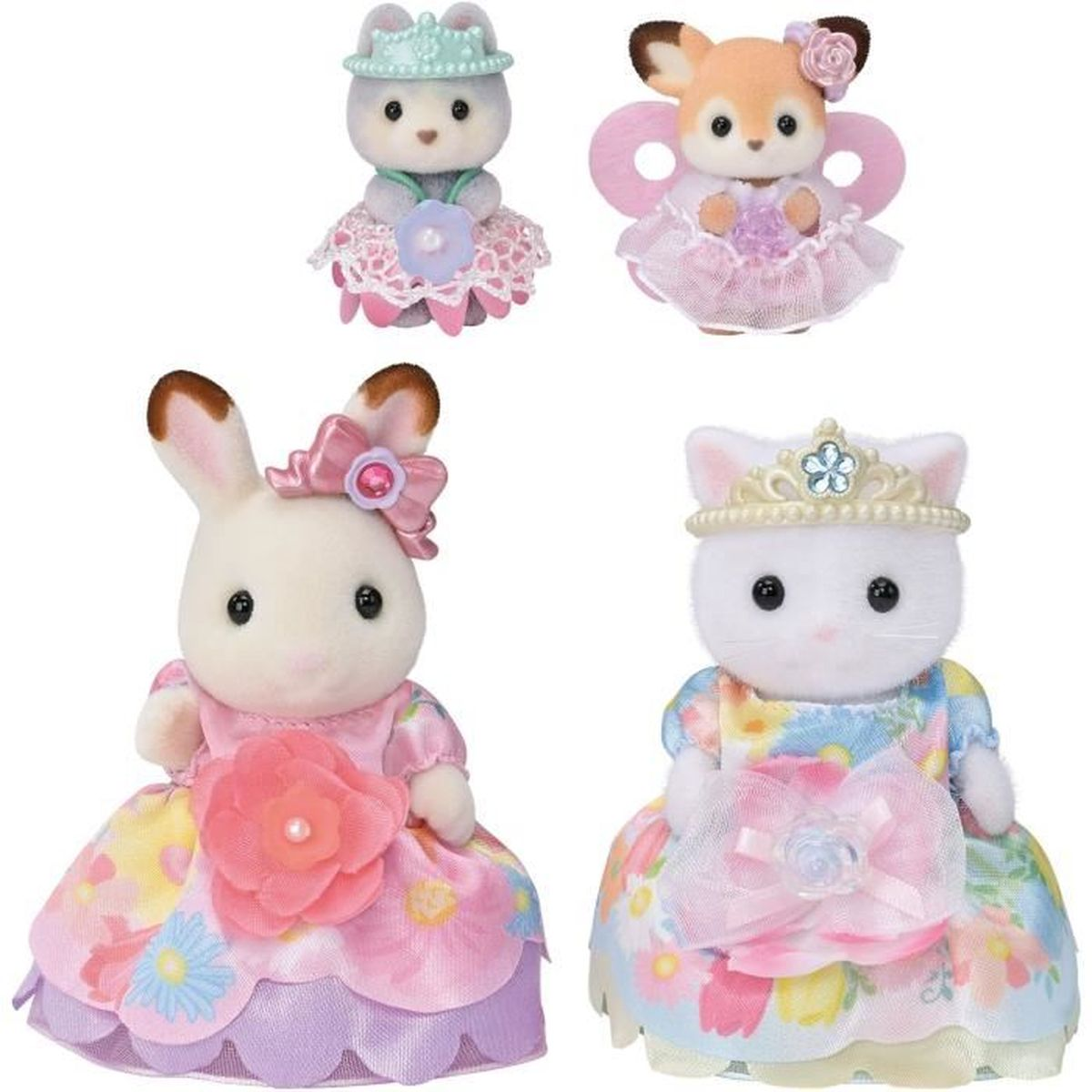 Cuatro figuras de animales con vestidos de princesa. Un gato, un conejo, un zorro y una ardilla. Cada uno lleva una corona o sombrero y sostiene una flor.