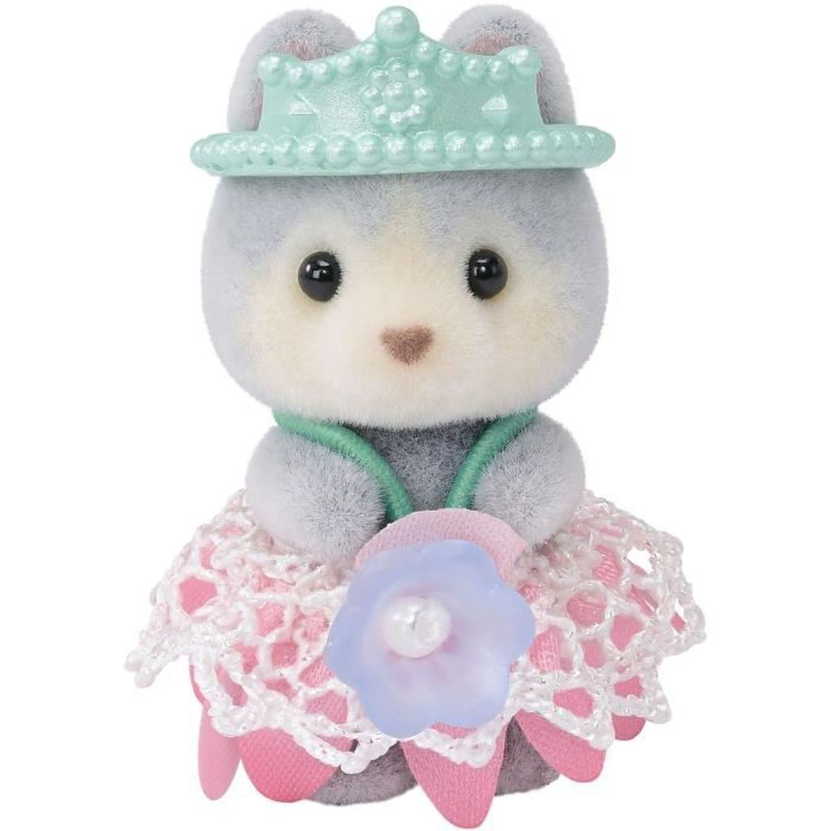 Un animal de juguete gris con corona menta y vestido rosa, sosteniendo una flor azul.