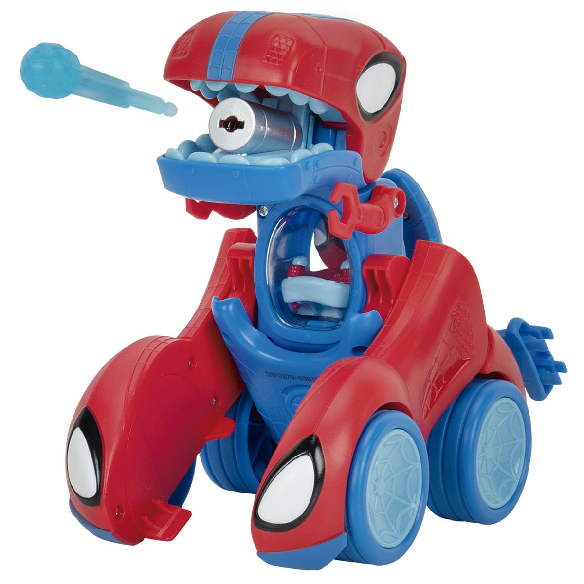 Un juguete de Spider-Man con diseño rojo y azul. Tiene una boca que se abre para revelar una llave y un proyectil azul.