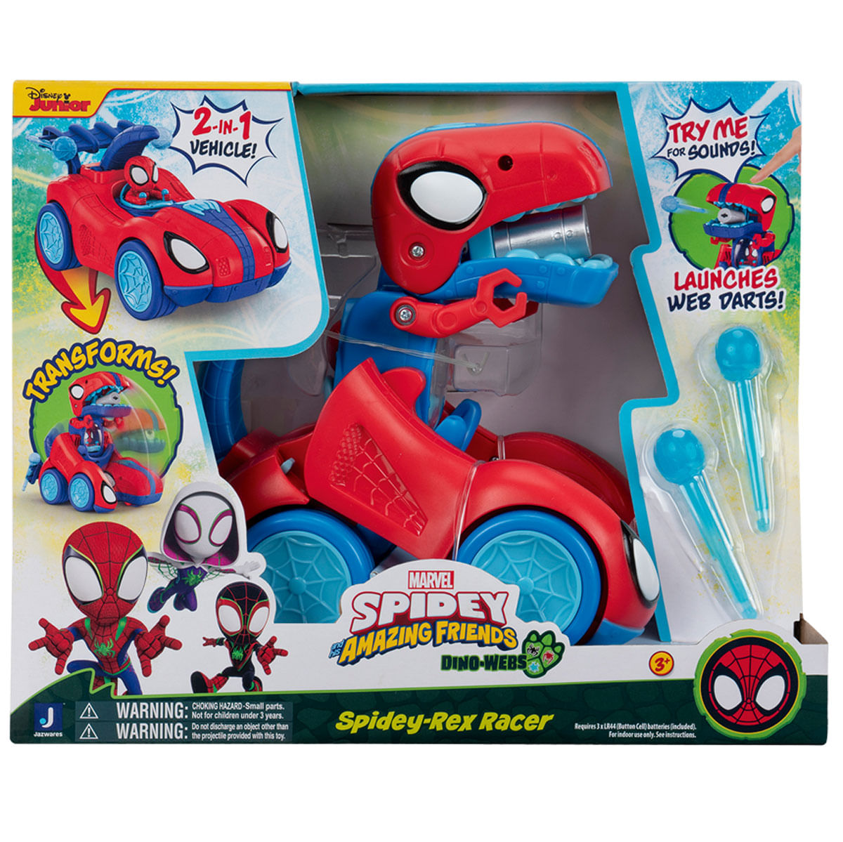 Una caja de juguetes Spidey-Rex Racer. Muestra un vehículo transformable con gráficos de Spider-Man y dardos de telaraña. La caja tiene varias imágenes.