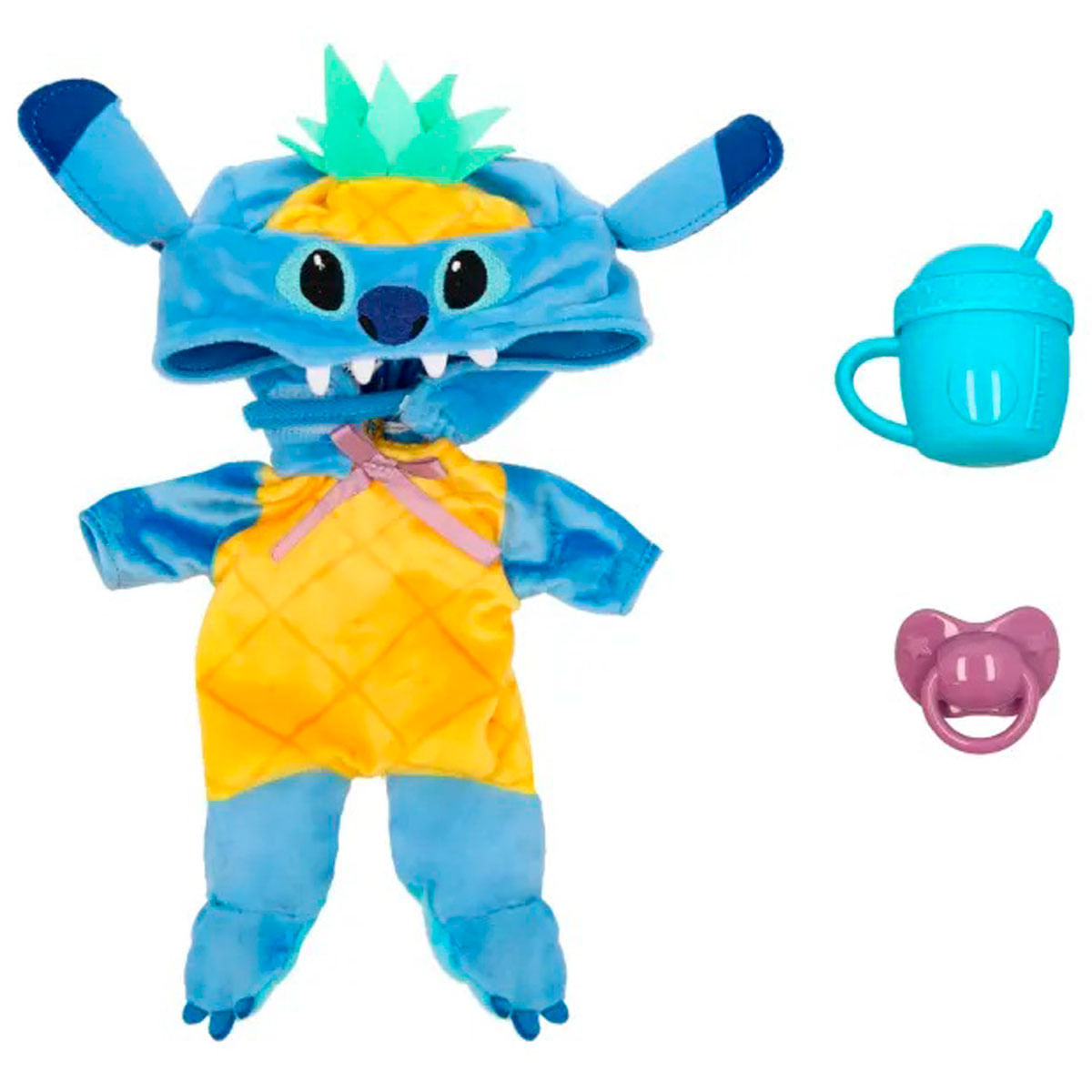 Un peluche de Stitch con disfraz de piña, con una taza y un chupete. Los colores son azul, amarillo y rosa.