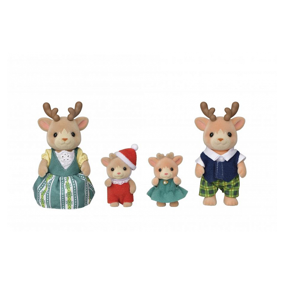 Cuatro figuras de ciervos, vestidas con varios atuendos, incluyendo vestidos, un gorro de Papá Noel y pantalones a cuadros, sobre fondo blanco.
