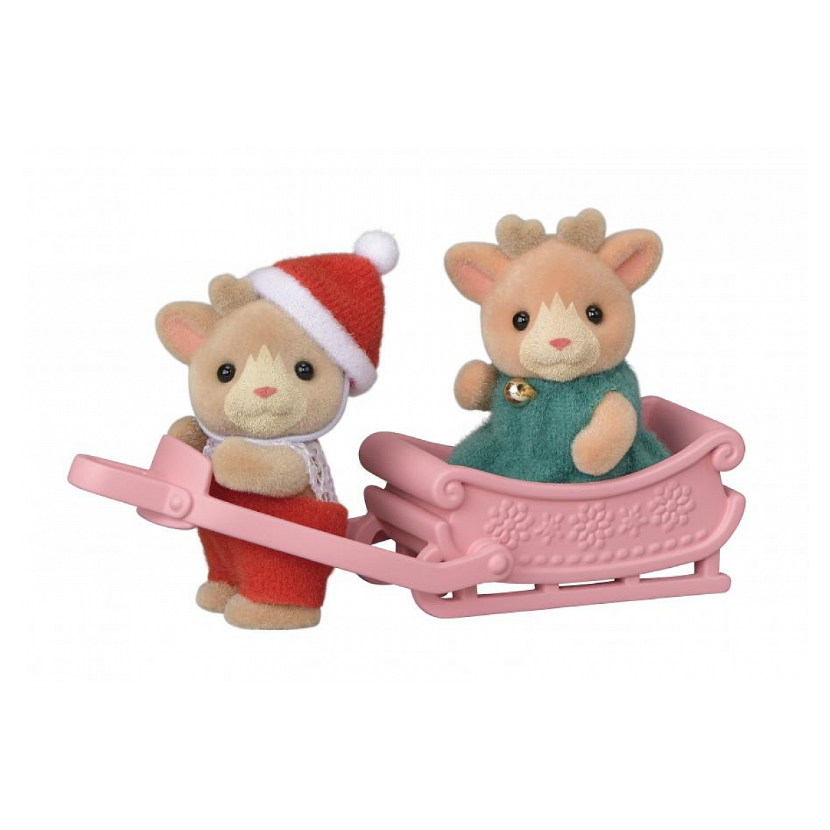 Dos figuras de cervatillos. Uno lleva un gorro de Papá Noel, tirando de un trineo rosa. El otro cervatillo está sentado en el trineo.