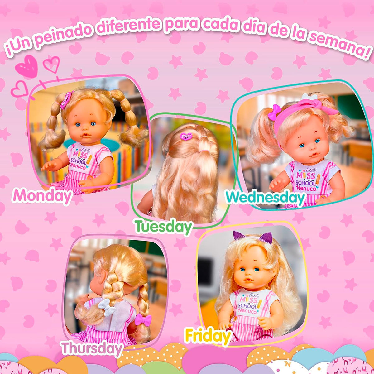 La imagen muestra cinco muñecas con diferentes peinados, cada una etiquetada para un día de la semana. El fondo es rosa con estrellas.