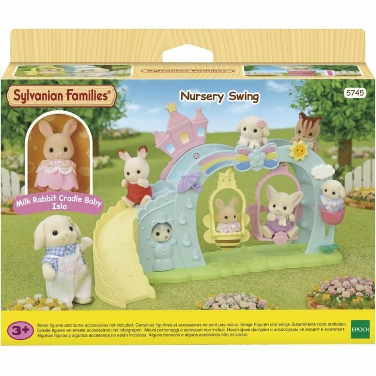Set de columpio de guardería Sylvanian Families en caja. Incluye figuras de conejos en un parque infantil con columpios y un tobogán.