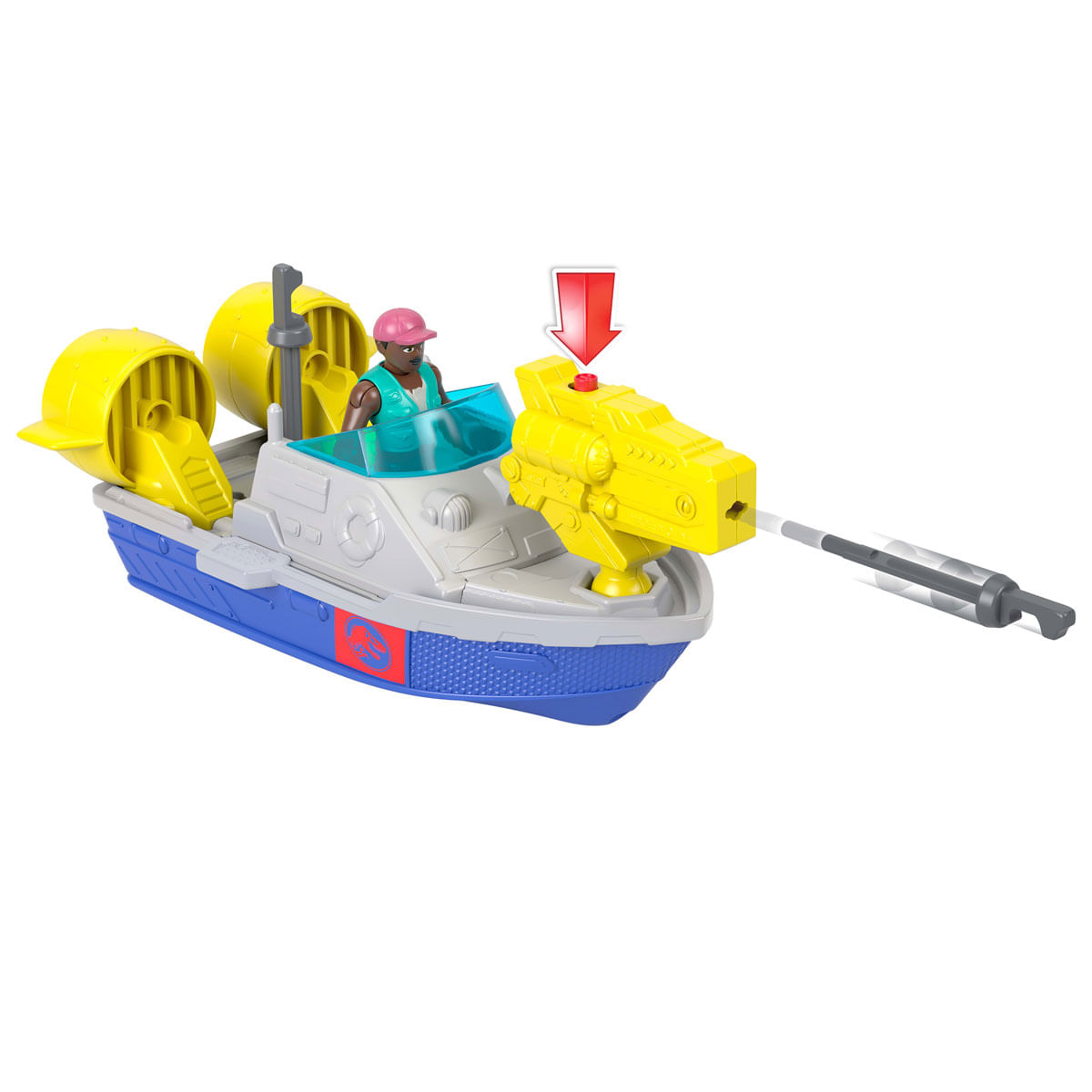 Un barco de juguete con una pistola amarilla, una figura de piloto y ventiladores amarillos. El barco es azul, blanco y gris. Una flecha roja apunta al arma.
