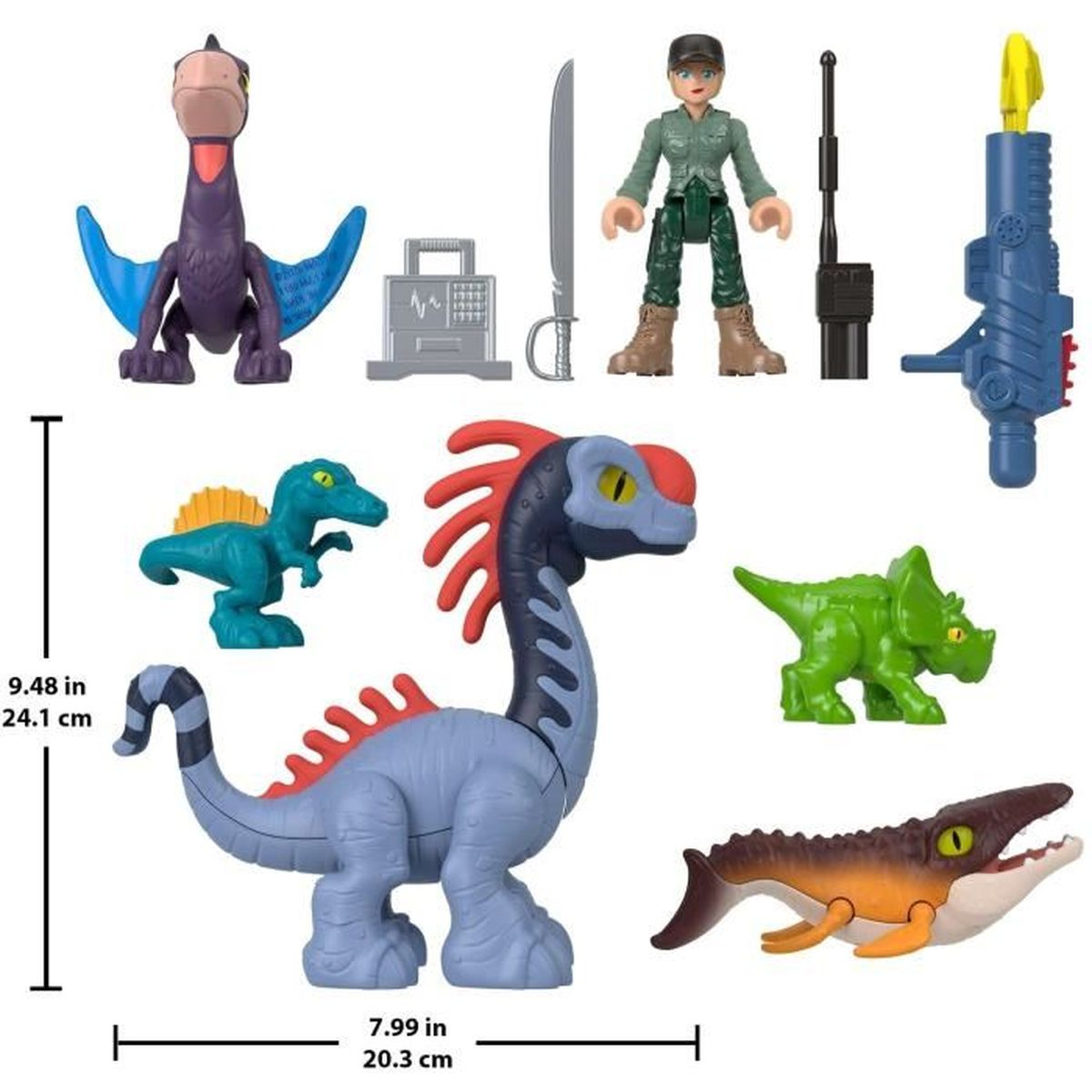Una colección de dinosaurios de juguete y accesorios, incluyendo una figura, una espada y una pistola. Se ven varias especies de dinosaurios.