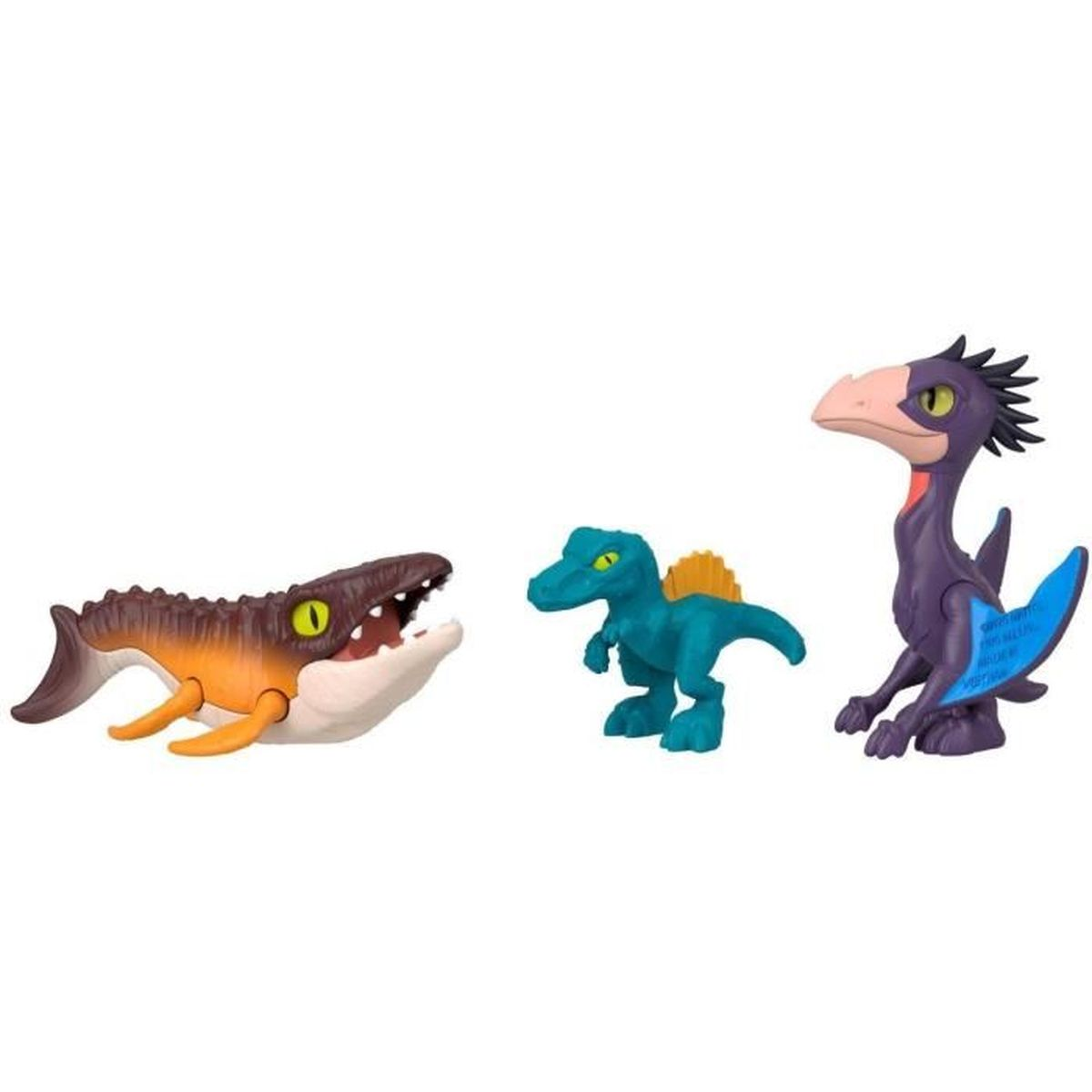 Tres dinosaurios de juguete: una criatura marina marrón y naranja, un espinosaurio azul y un dinosaurio morado con forma de pájaro.