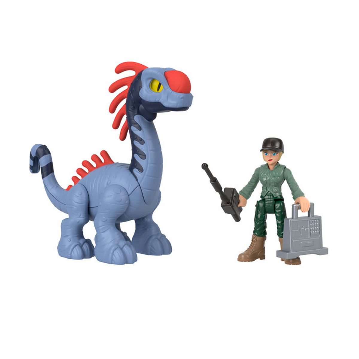 Un juguete de dinosaurio azul con una cresta roja está junto a una figura con ropa militar verde que sostiene una radio y una maleta.