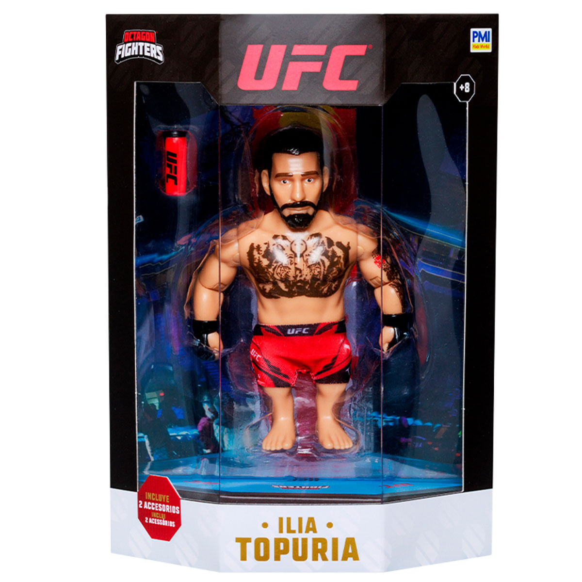 Una figura de UFC de Ilia Topuria en una caja. Tiene barba y tatuajes. La caja tiene los logotipos de UFC y Octagon Fighters.