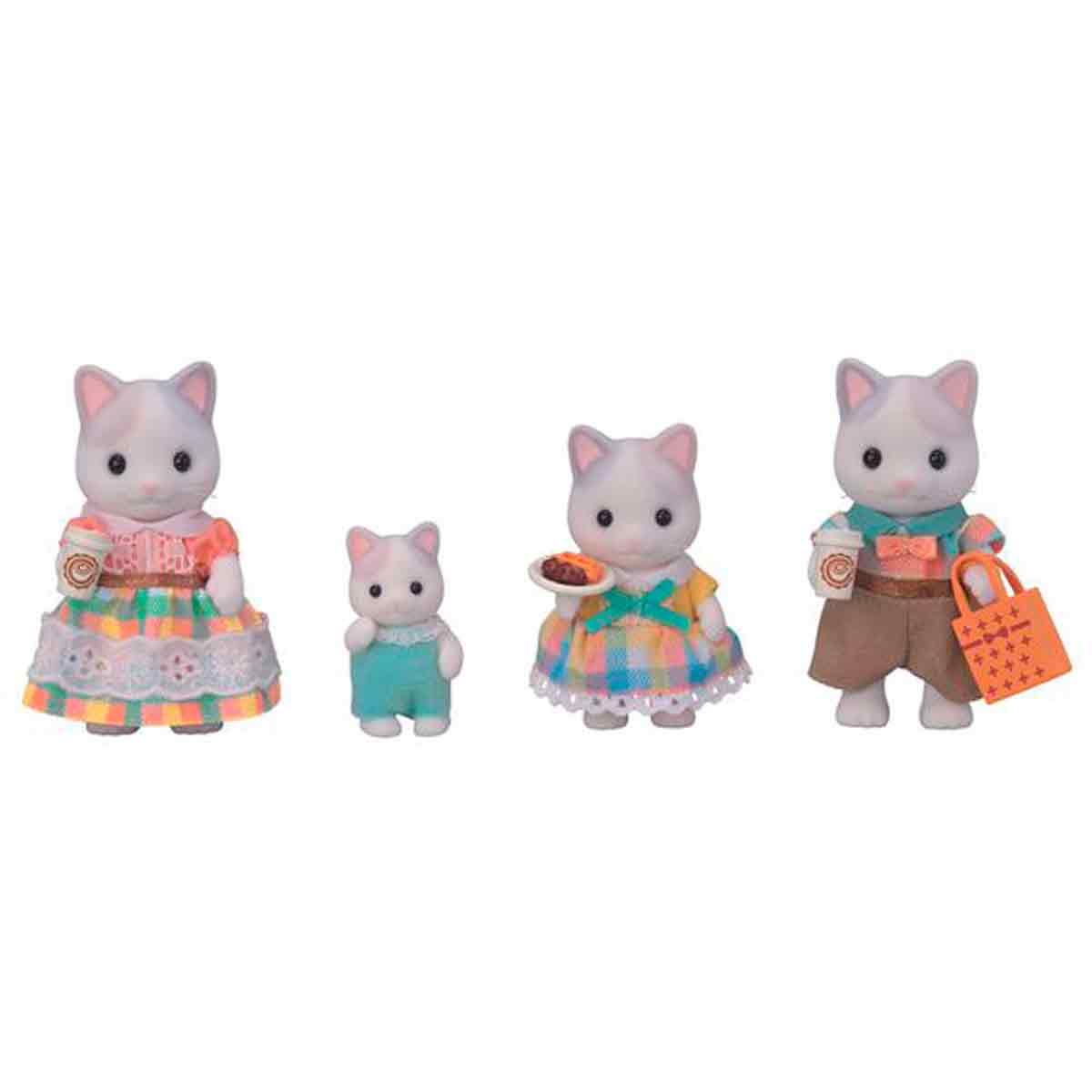 Cuatro figuras de gato con ropa colorida. Una sostiene una taza de café, otra un plato de comida y otra una bolsa de compras.